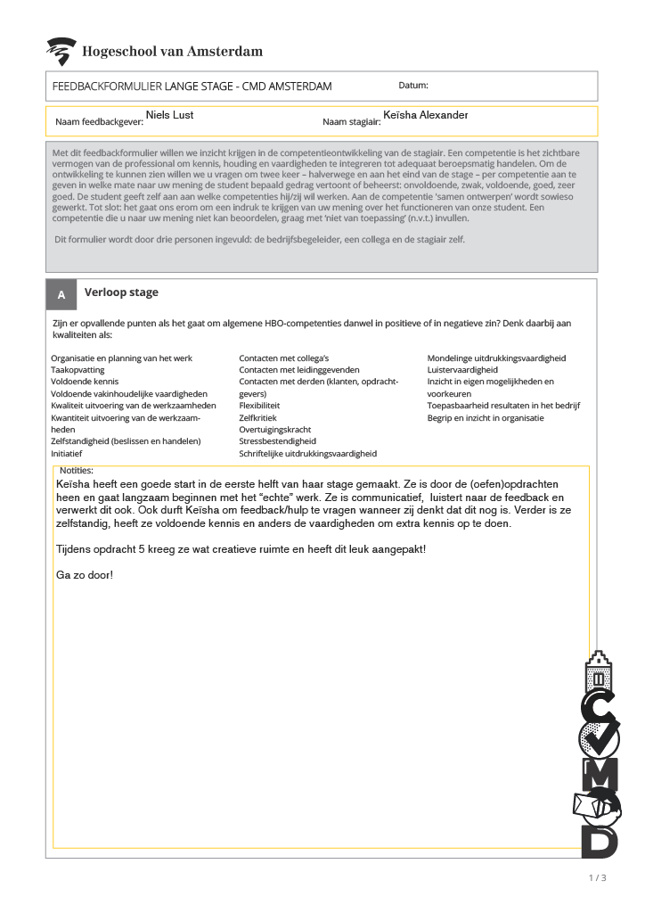 Feedback formulier van de collega