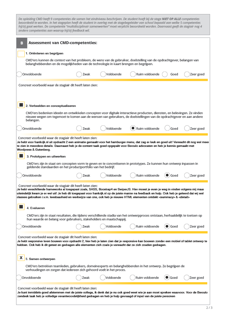 Feedback formulier van de stagebegeleider