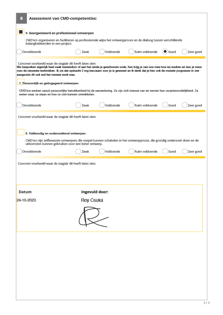 Feedback formulier van de stagebegeleider