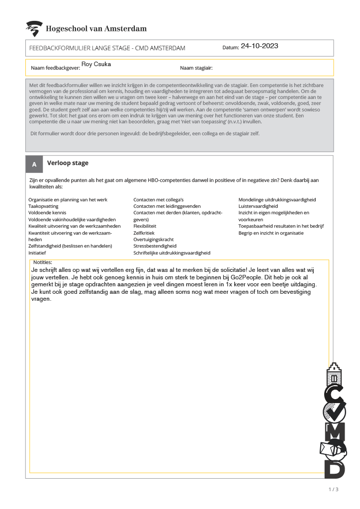 Feedback formulier van de stagebegeleider